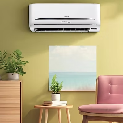 Ductless mini-split indoor head mounted in a bright living room