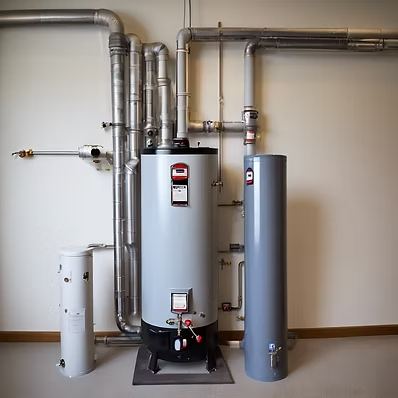 Tank-style water heater with overhead piping