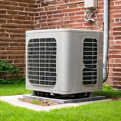 Central air conditioner condenser unit installed beside a brick home