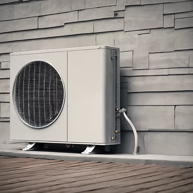 Outdoor heat pump unit mounted on a modern home exterior