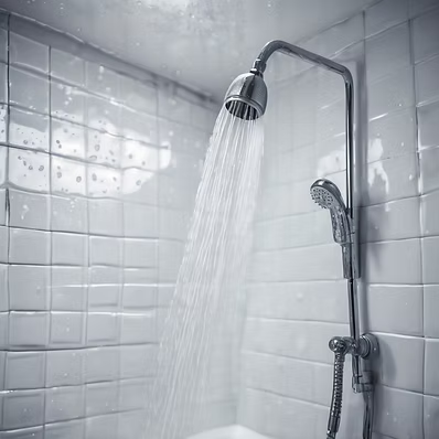 Chrome rain shower head with running water in a tiled enclosure