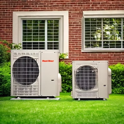 Outdoor heat pump units installed beside a brick home