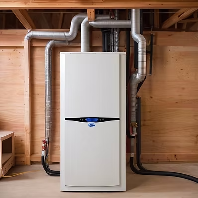 High-efficiency furnace installed in a mechanical room